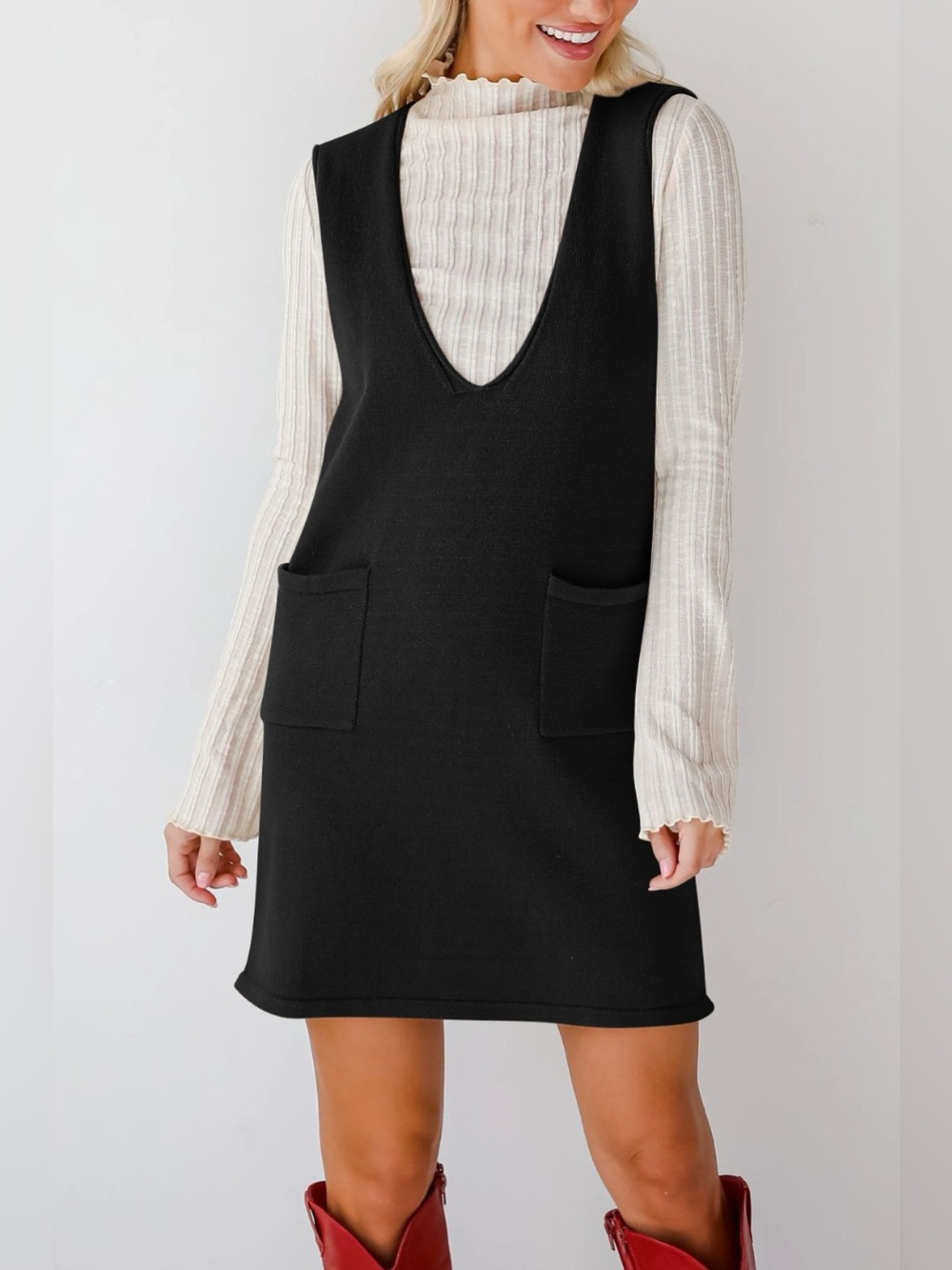 Lovelet Pocketed V-Neck Mini Sweater Overall Dress - Picture 13 of 16
